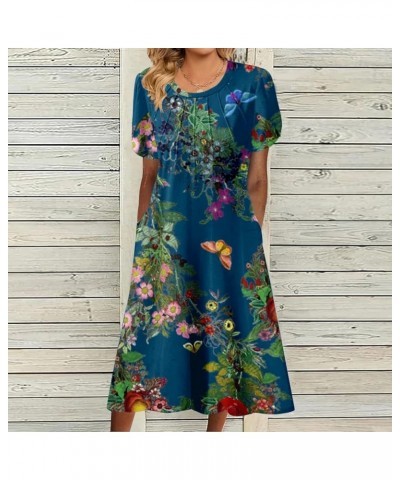 Women's Casual Floral Print Round Neck Lace Split Short Sleeve Dress Pocket Long Dress Dark Blue- Dresses for Women 2024 Part...