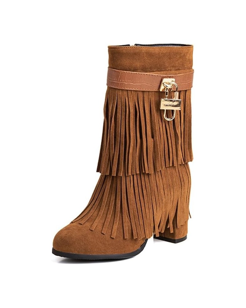 Retro Tassel Cowboy Boots for Women Metal Fashion Round Toe Suede Fringe Mid Calf Boots Chunky High Heel Boots Side Zipper Kn...