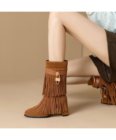 Retro Tassel Cowboy Boots for Women Metal Fashion Round Toe Suede Fringe Mid Calf Boots Chunky High Heel Boots Side Zipper Kn...