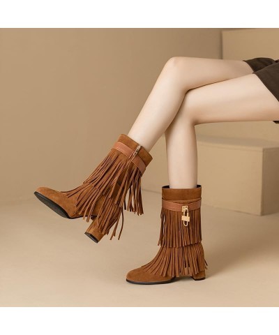 Retro Tassel Cowboy Boots for Women Metal Fashion Round Toe Suede Fringe Mid Calf Boots Chunky High Heel Boots Side Zipper Kn...