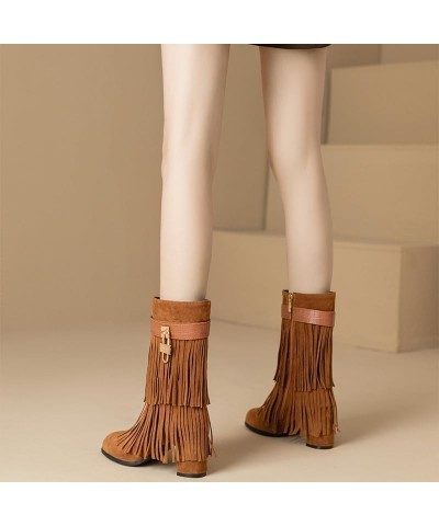 Retro Tassel Cowboy Boots for Women Metal Fashion Round Toe Suede Fringe Mid Calf Boots Chunky High Heel Boots Side Zipper Kn...