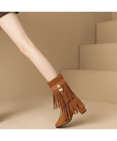 Retro Tassel Cowboy Boots for Women Metal Fashion Round Toe Suede Fringe Mid Calf Boots Chunky High Heel Boots Side Zipper Kn...