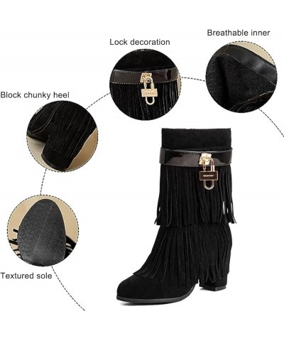 Retro Tassel Cowboy Boots for Women Metal Fashion Round Toe Suede Fringe Mid Calf Boots Chunky High Heel Boots Side Zipper Kn...