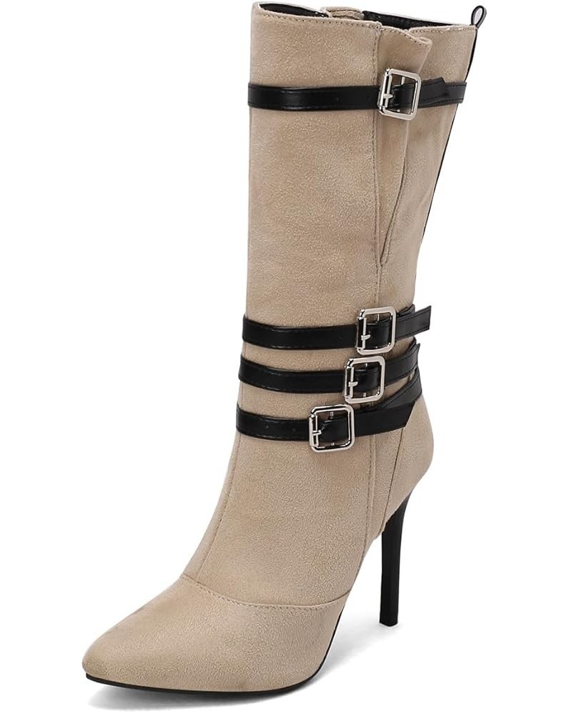 Suede Pointed Toe Mid Calf Stiletto High Heel Boots Goth Buckle Strappy Combat Boots Beige $30.08 Boots