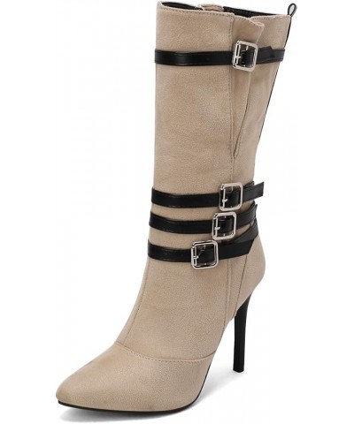 Suede Pointed Toe Mid Calf Stiletto High Heel Boots Goth Buckle Strappy Combat Boots Beige $30.08 Boots