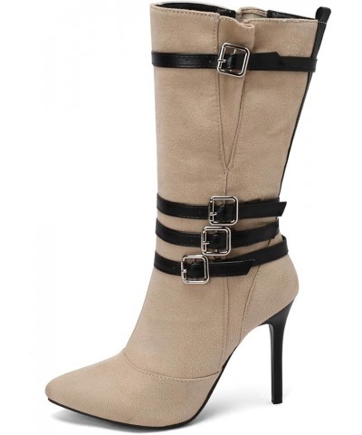 Suede Pointed Toe Mid Calf Stiletto High Heel Boots Goth Buckle Strappy Combat Boots Beige $30.08 Boots