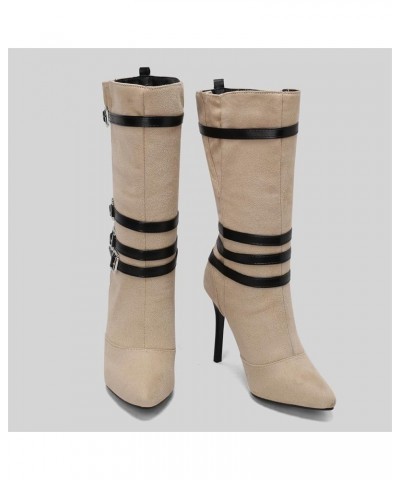 Suede Pointed Toe Mid Calf Stiletto High Heel Boots Goth Buckle Strappy Combat Boots Beige $30.08 Boots