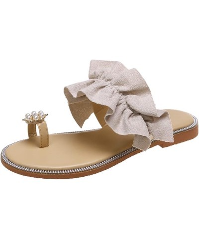 Sandals for Women Girls Ladies Fashion Summer Bohemian Style Solid Color Pearl Sleeve Toe Flat Beach Sandals Beige $23.31 San...