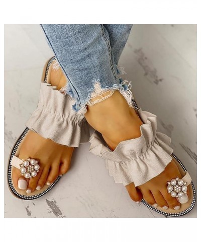 Sandals for Women Girls Ladies Fashion Summer Bohemian Style Solid Color Pearl Sleeve Toe Flat Beach Sandals Beige $23.31 San...