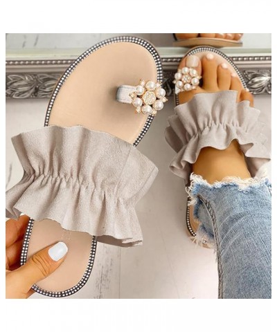 Sandals for Women Girls Ladies Fashion Summer Bohemian Style Solid Color Pearl Sleeve Toe Flat Beach Sandals Beige $23.31 San...