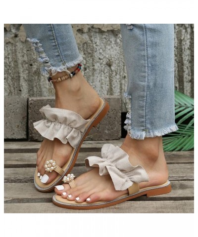 Sandals for Women Girls Ladies Fashion Summer Bohemian Style Solid Color Pearl Sleeve Toe Flat Beach Sandals Beige $23.31 San...