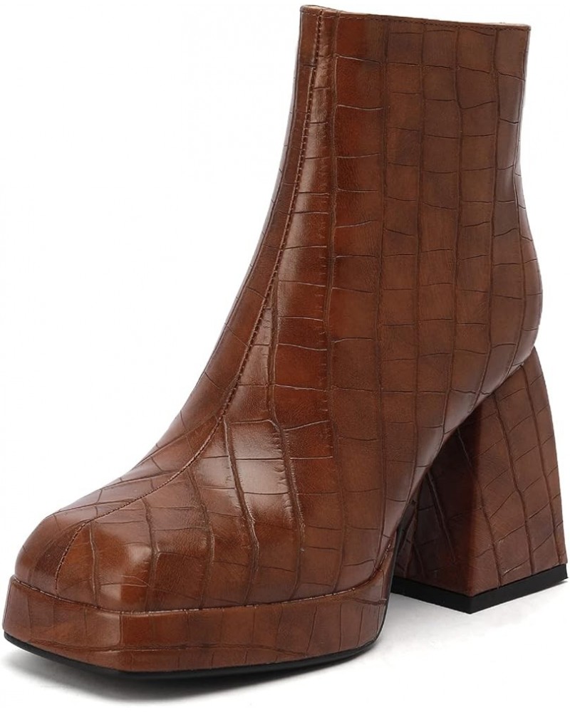 Women Chelsea Zip Square Toe Fashion Chunky Heels Platform Ankle Boots Brown Fur Inner $27.53 Boots