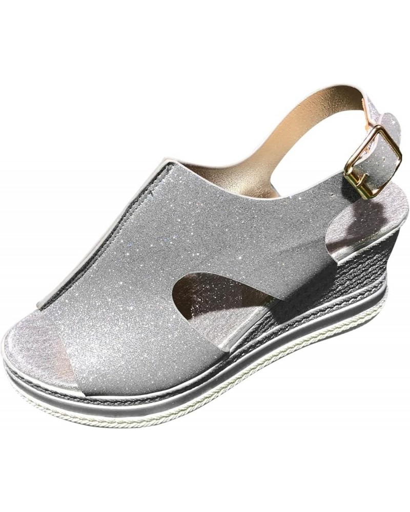 Ladies Fashion Solid Color Leather Sequin Leather Open Toe Buckle Wedge Heel Sandals Cute Comfortable Sandals for Silver 8 $1...