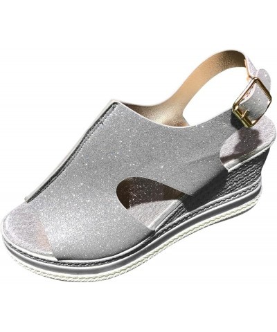 Ladies Fashion Solid Color Leather Sequin Leather Open Toe Buckle Wedge Heel Sandals Cute Comfortable Sandals for Silver 8 $1...