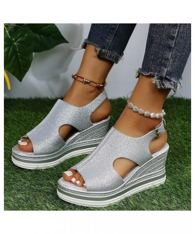 Ladies Fashion Solid Color Leather Sequin Leather Open Toe Buckle Wedge Heel Sandals Cute Comfortable Sandals for Silver 8 $1...