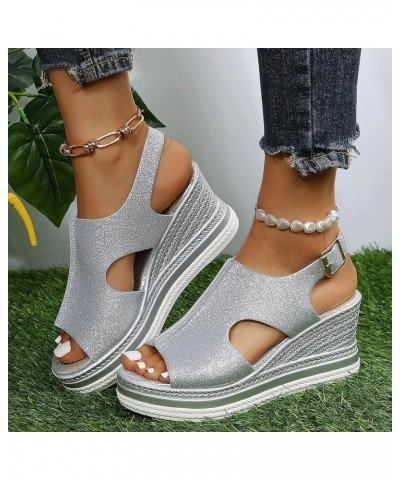 Ladies Fashion Solid Color Leather Sequin Leather Open Toe Buckle Wedge Heel Sandals Cute Comfortable Sandals for Silver 8 $1...