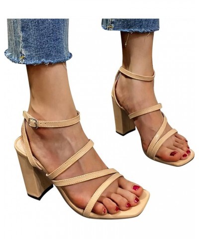 Fashion Womens Chunky High Heels Breathable Lace Up Rhinestone Sandals heels for women chunky heel Z 14-beige $17.34 Sandals