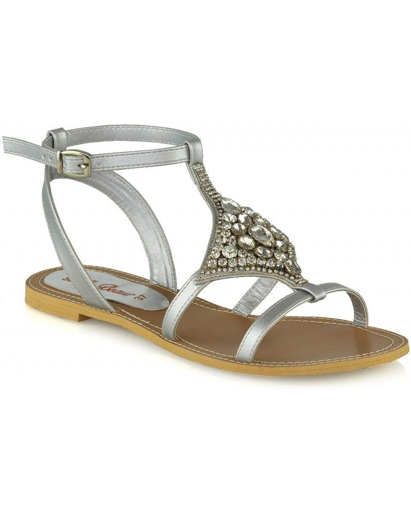 Womens Flat Ankle Strap Sandals Sparkly Crystal Rhinestone Shoes Silver $19.20 Sandals