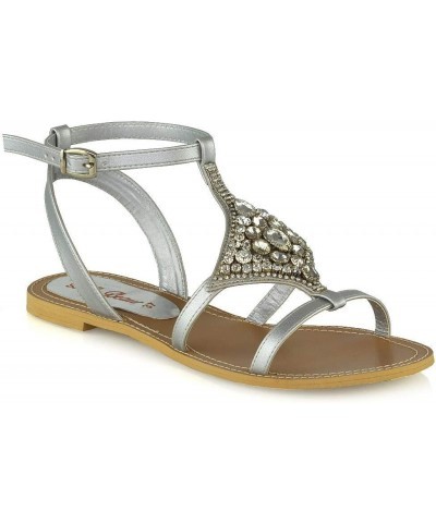 Womens Flat Ankle Strap Sandals Sparkly Crystal Rhinestone Shoes Silver $19.20 Sandals