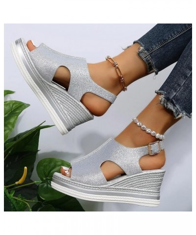 Ladies Fashion Solid Color Leather Sequin Leather Open Toe Buckle Wedge Heel Sandals Cute Comfortable Sandals for Silver 8 $1...