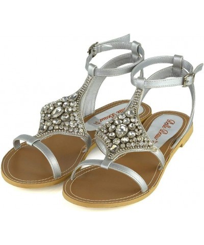 Womens Flat Ankle Strap Sandals Sparkly Crystal Rhinestone Shoes Silver $19.20 Sandals