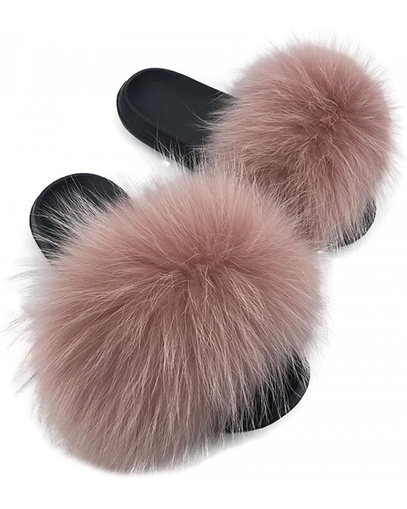 Women's Luxury Real Raccon Fur Slippers Slides Indoor Outdoor Flat Soles Bean Pink $14.76 Slippers