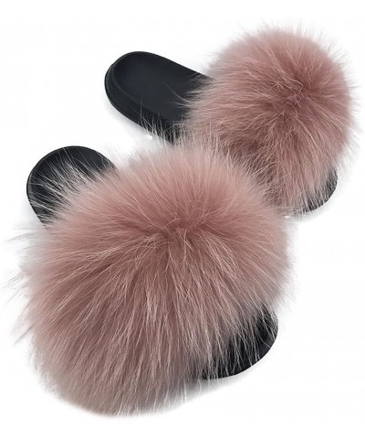 Women's Luxury Real Raccon Fur Slippers Slides Indoor Outdoor Flat Soles Bean Pink $14.76 Slippers