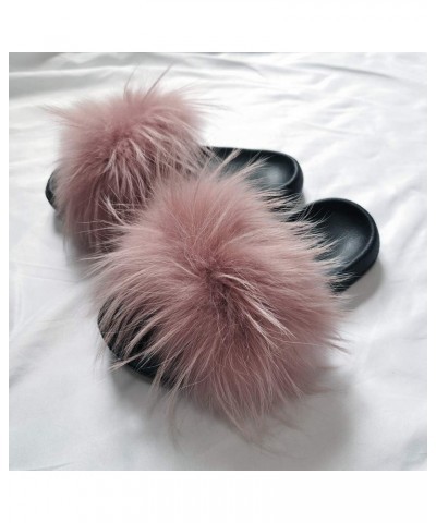 Women's Luxury Real Raccon Fur Slippers Slides Indoor Outdoor Flat Soles Bean Pink $14.76 Slippers