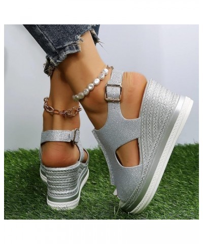 Ladies Fashion Solid Color Leather Sequin Leather Open Toe Buckle Wedge Heel Sandals Cute Comfortable Sandals for Silver 8 $1...