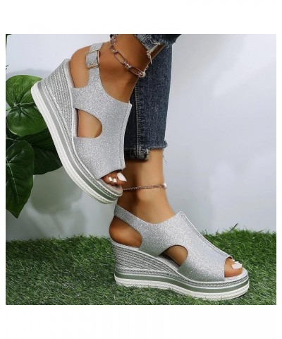 Ladies Fashion Solid Color Leather Sequin Leather Open Toe Buckle Wedge Heel Sandals Cute Comfortable Sandals for Silver 8 $1...