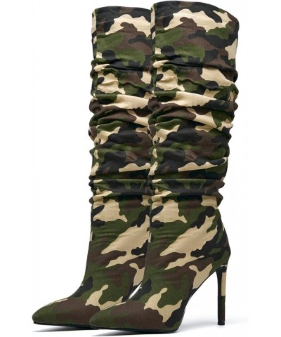 Women's Camo Knee High Boots Slouch High Heels Boots Pointed Stiletto Casual Pull-On Tall Boot Party Dress Shoes Blue $40.86 ...