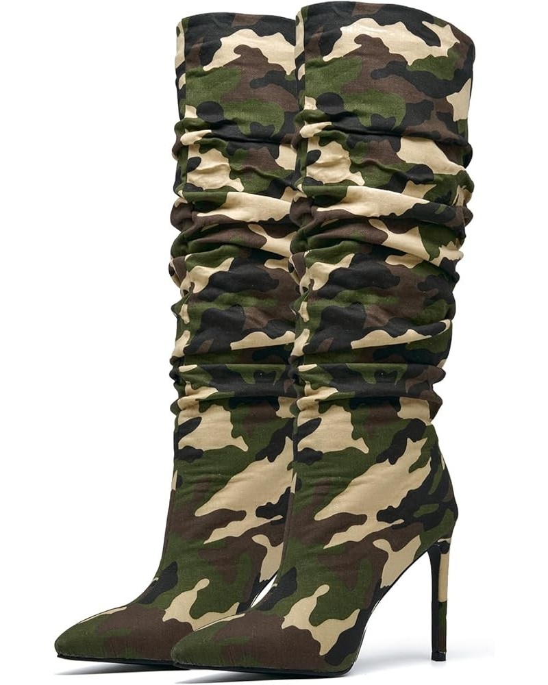 Women's Camo Knee High Boots Slouch High Heels Boots Pointed Stiletto Casual Pull-On Tall Boot Party Dress Shoes Blue $40.86 ...