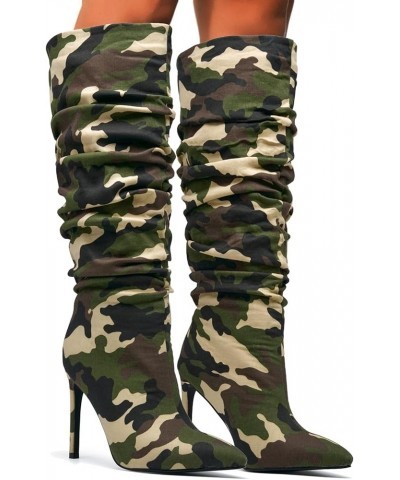 Women's Camo Knee High Boots Slouch High Heels Boots Pointed Stiletto Casual Pull-On Tall Boot Party Dress Shoes Blue $40.86 ...