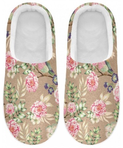 Retro Bird Pink Floral Women's House Cotton Slippers Memory Foam Soft Warm No-Slip Closed Toe Shoes for Mens Indoor Bedroom G...