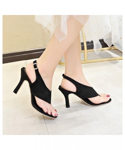 Women's Solid Suede Sandals Buckle High Heel Fashionable Heel Women's Shoes Thin Sexy Thong Sandals Women's Sandals (Black, 7...