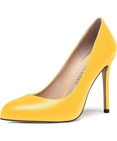 Women's Slip On Solid Round Toe Stiletto High Heel Pumps Shoes 4 Inch Yellow $35.24 Pumps