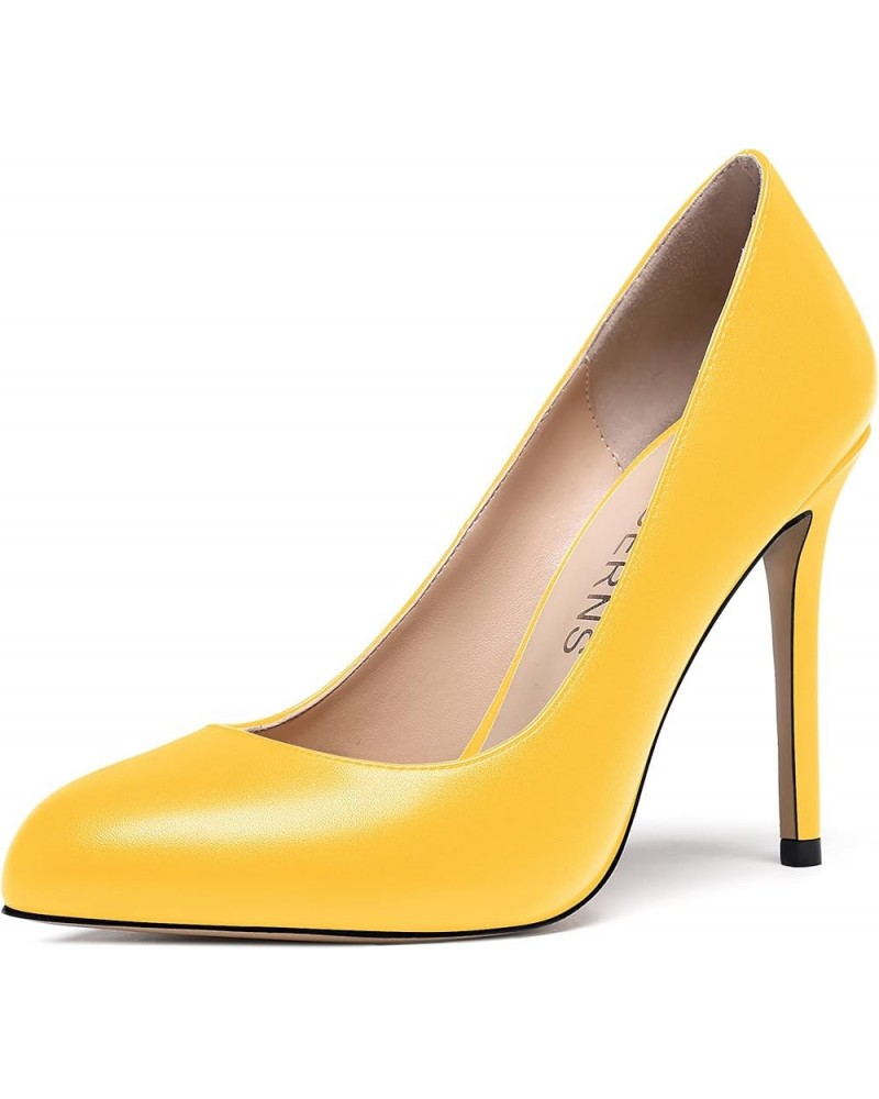 Women's Slip On Solid Round Toe Stiletto High Heel Pumps Shoes 4 Inch Yellow $35.24 Pumps