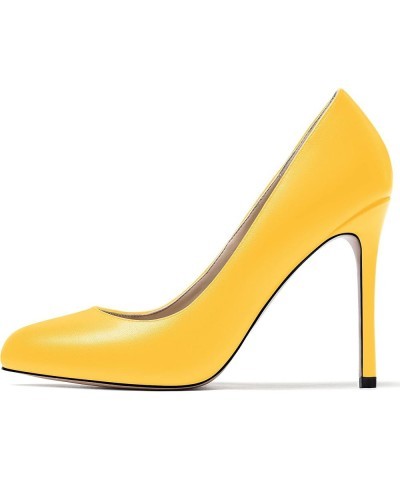 Women's Slip On Solid Round Toe Stiletto High Heel Pumps Shoes 4 Inch Yellow $35.24 Pumps