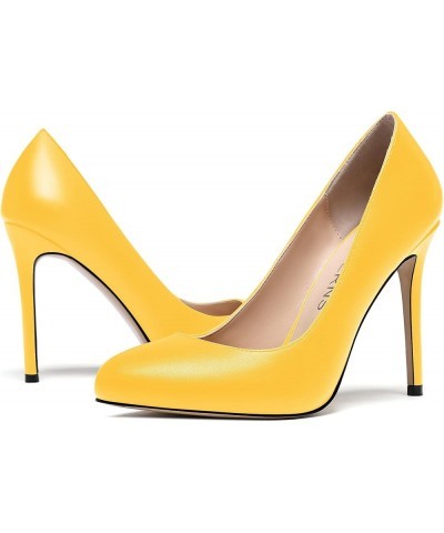 Women's Slip On Solid Round Toe Stiletto High Heel Pumps Shoes 4 Inch Yellow $35.24 Pumps