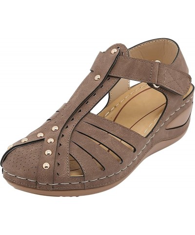 Women Summer Solid Hook Loop Casual Round Toe Wedges Comfortable Beach Shoes Sandals Yoga Sling Sandals for Women Brown $17.8...