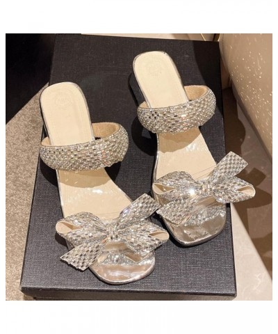 Chunky Block Heeled Sandals for Women Rhinestone Bowknot One Word Strap Low Heel Sandals Comfortable Slip On Dress Bridal Wed...