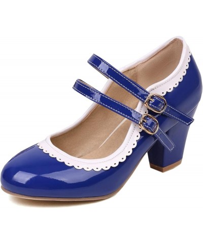 Women's Rockabilly Shoes Chunky Mary Janes Patent Leather Ankle Double Strap Block Heel Pumps Cute Dressy Shoes Royal Blue $2...