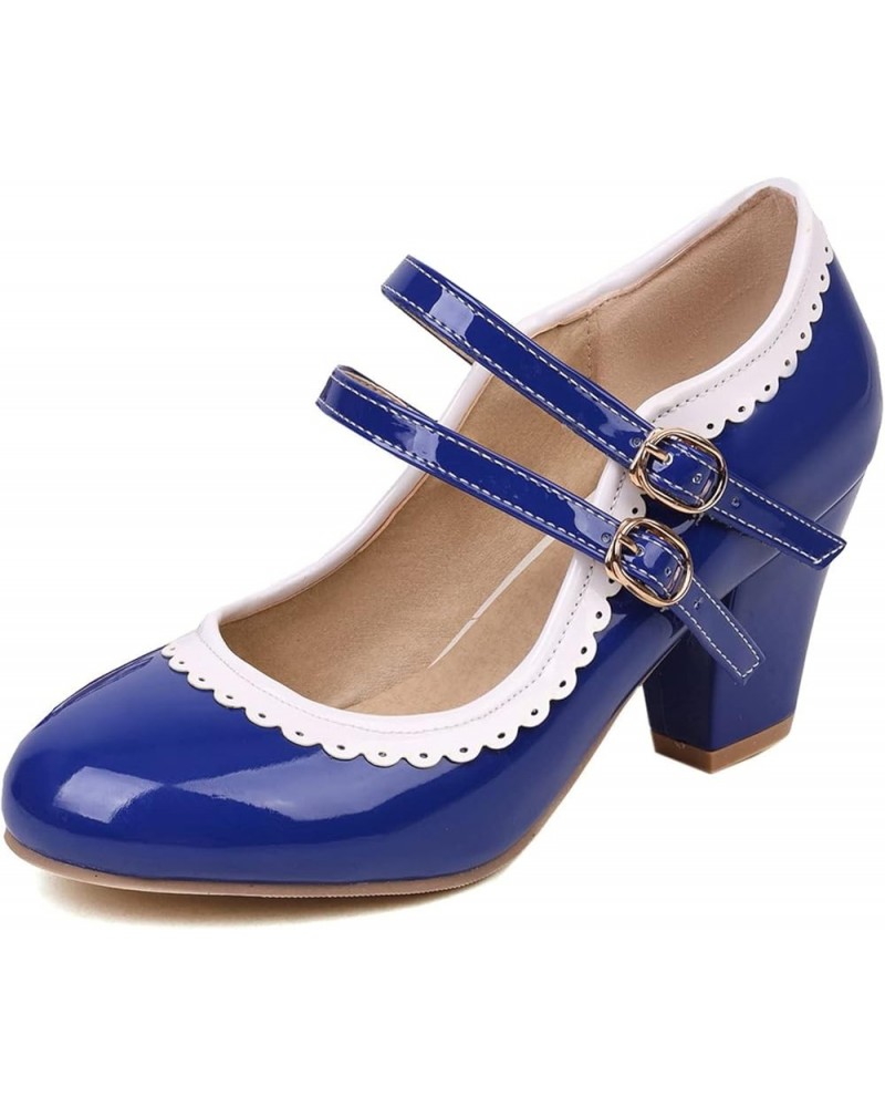 Women's Rockabilly Shoes Chunky Mary Janes Patent Leather Ankle Double Strap Block Heel Pumps Cute Dressy Shoes Royal Blue $2...