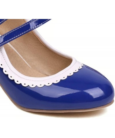 Women's Rockabilly Shoes Chunky Mary Janes Patent Leather Ankle Double Strap Block Heel Pumps Cute Dressy Shoes Royal Blue $2...