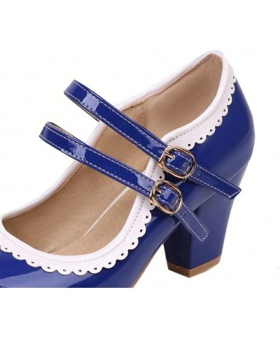 Women's Rockabilly Shoes Chunky Mary Janes Patent Leather Ankle Double Strap Block Heel Pumps Cute Dressy Shoes Royal Blue $2...