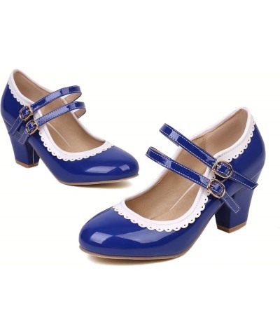 Women's Rockabilly Shoes Chunky Mary Janes Patent Leather Ankle Double Strap Block Heel Pumps Cute Dressy Shoes Royal Blue $2...