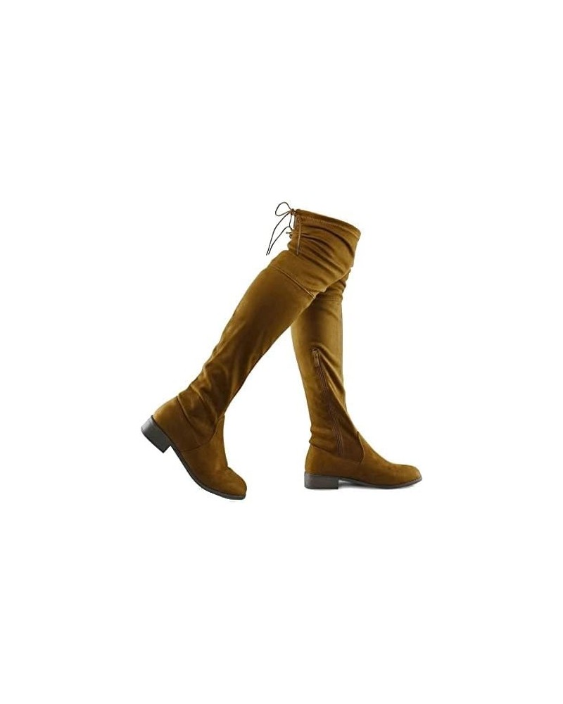 Women's Fashion Comfy Vegan Suede Block Heel Side Zipper Back Lace Thigh High Over The Knee Boots Tan $24.19 Boots