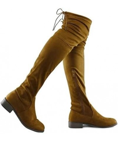 Women's Fashion Comfy Vegan Suede Block Heel Side Zipper Back Lace Thigh High Over The Knee Boots Tan $24.19 Boots