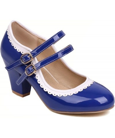 Women's Rockabilly Shoes Chunky Mary Janes Patent Leather Ankle Double Strap Block Heel Pumps Cute Dressy Shoes Royal Blue $2...