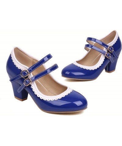 Women's Rockabilly Shoes Chunky Mary Janes Patent Leather Ankle Double Strap Block Heel Pumps Cute Dressy Shoes Royal Blue $2...